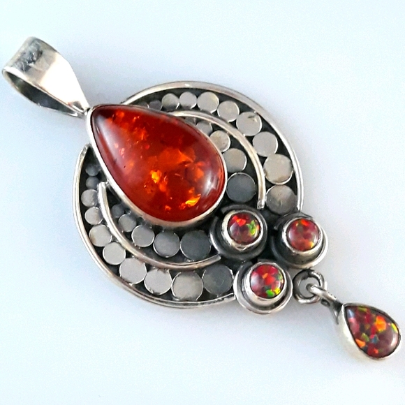 Amber and Fire Opal Silver Pendant - Picture 1 of 10